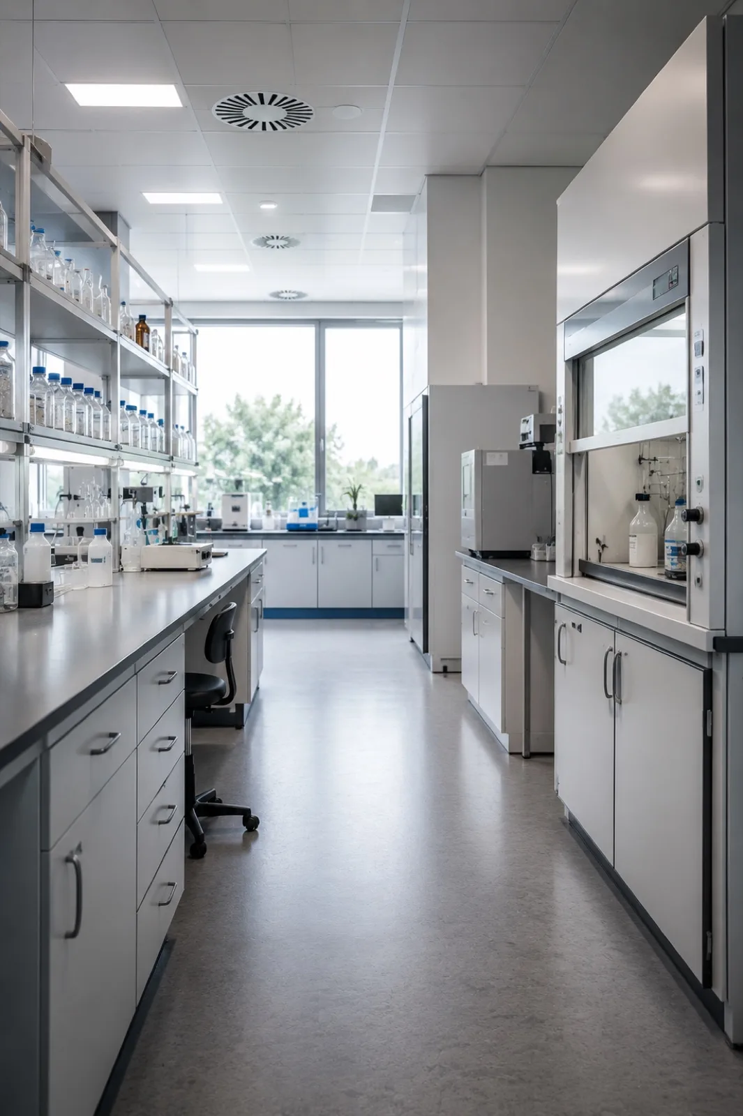 Laboratorium met werkbladen en zuurkasten