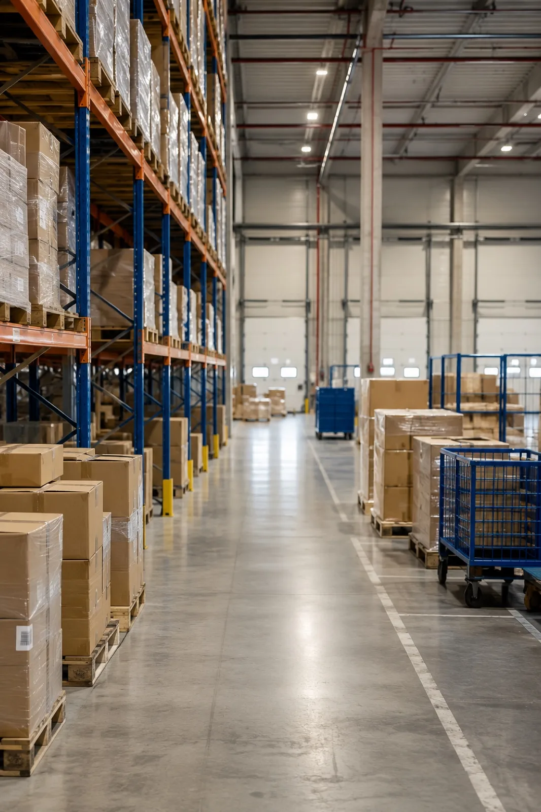 Gang in een distributiecentrum met stellingen vol goederen