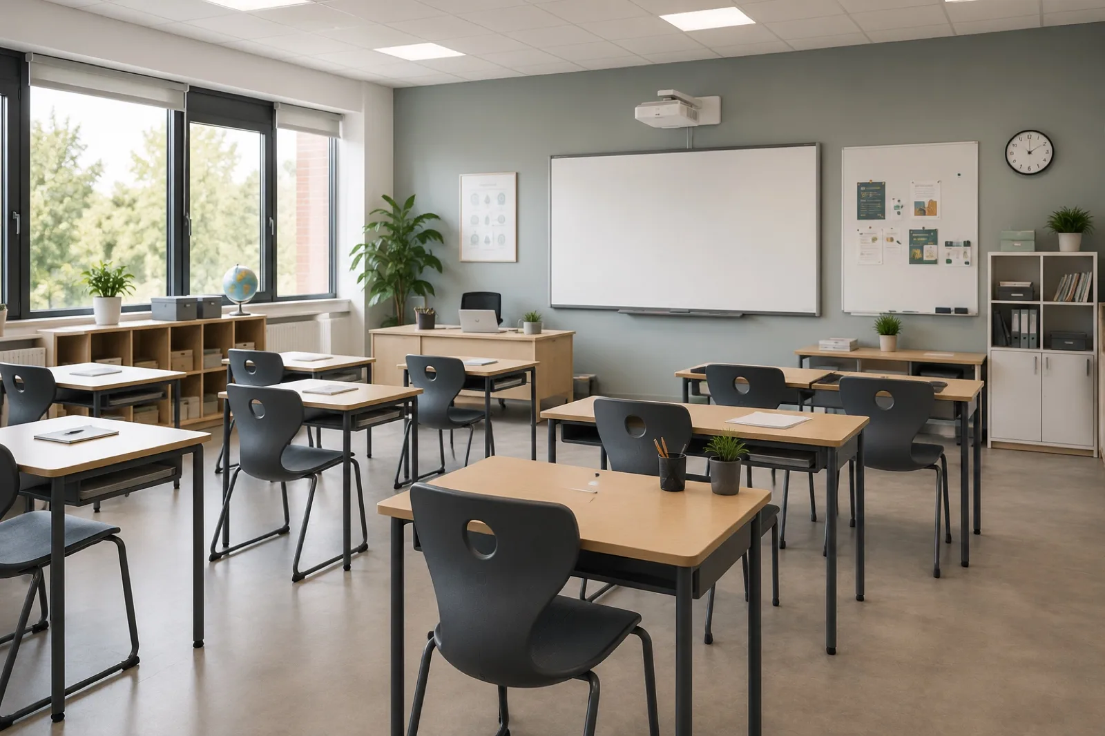 Leslokaal met tafels, stoelen en een schoolbord